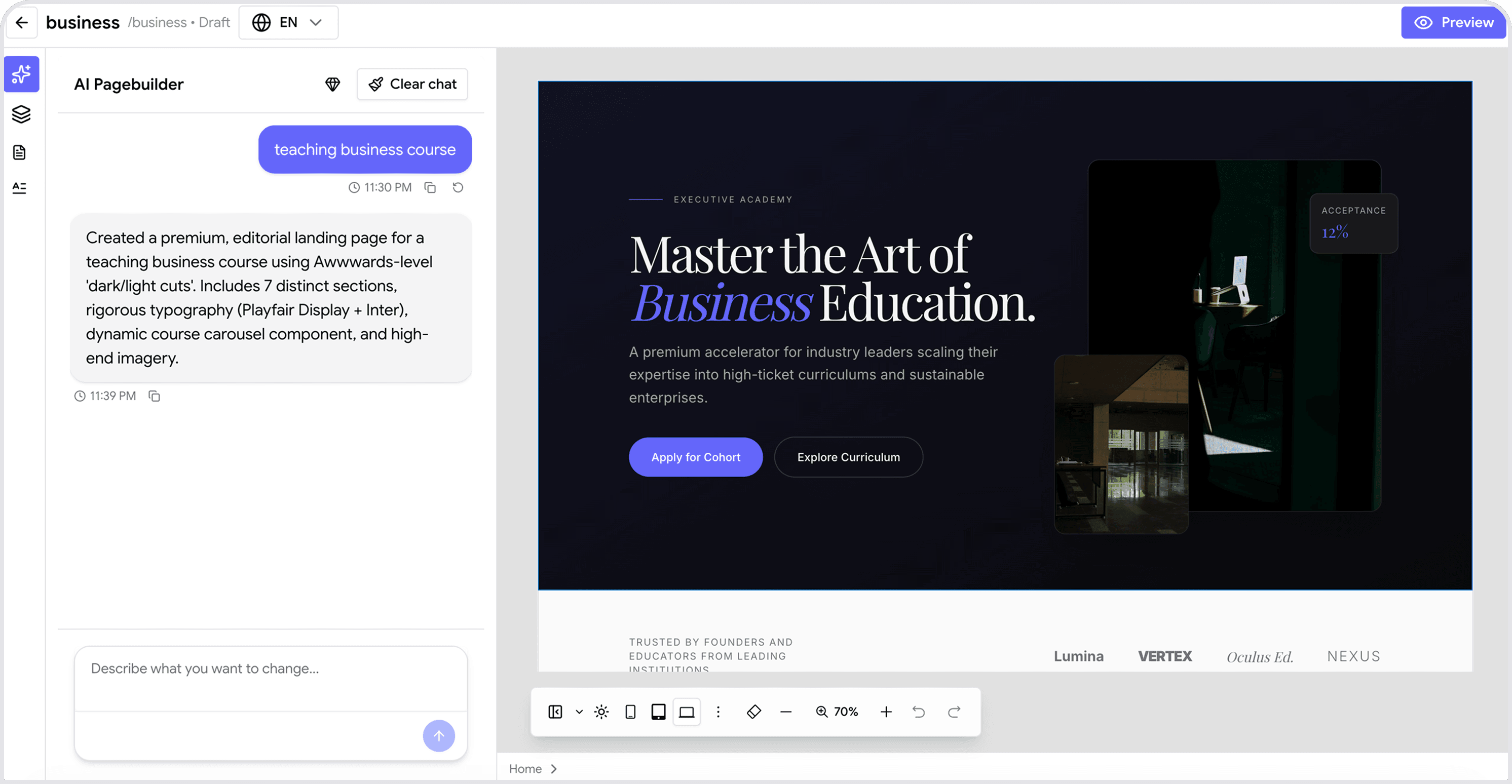 OpenMirai LMS AI page builder creating a course landing page